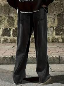 男士宽松休闲松紧腰阔腿牛仔裤，垃圾摇滚