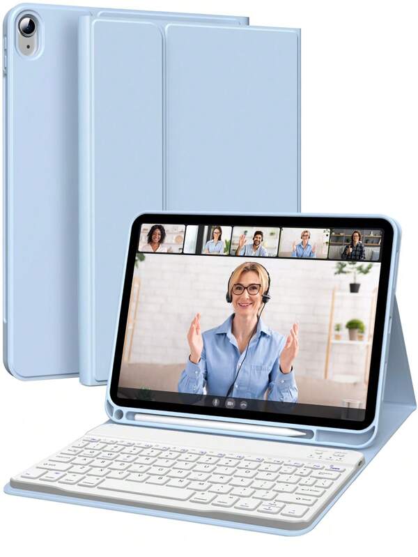 Keyboard Case Compatible With IPad Protective Cover For IPad 10.2 9th/8th/7th Gen,Air4/5/6th 10.9/11 Inch, Pro11 Supports Automatic Sleep/Wake Lid Writing Tablet Case Detachable Wireless Bluetooth Keyboard Battery 150 MAh, Slim Lightweight Stand Cover With Pencil Holder-Light Blue