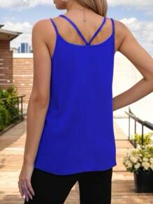 Women's Basic Blouse With Crossed Straps And V-Neckline - Blue - View 4