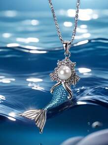 1pc Elegant Zinc Alloy Mermaid Pendant Necklace With Stainless Steel Chain, Shimmering Princess Necklace, Suitable For Beach Vacation, Gift For Girlfriend, Daily Wear