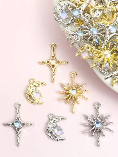 10pcs Y2K-Inspired 3 Styles Sun & Moon & Star Design Alloy Charms With Glass, Rhinestones Accents, Sweet Cool Style Ins Clavicle Chains Choker Necklaces Bracelets Earrings And Delicate Unique Jewelry DIY Glossy Metal Pendants - Perfect For Daily Wear & Parties, Ideal Birthday Or Holiday Gifts