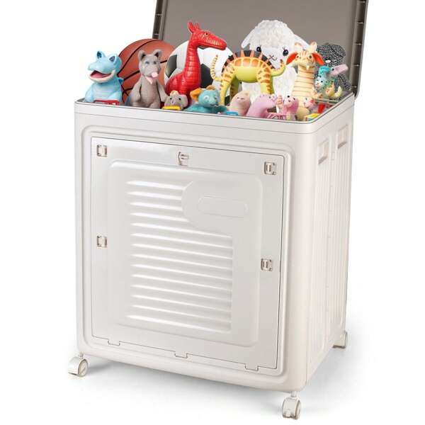 Kids Toy Box Chest,  130L Capacity Plastics Toy Box For Boys Girls, Large Toddler Toy Storage Box With Flip-Top Lid, Multi-Purpose For Kids Toys,   Sports Equipment And Pets Toys, Large Kids Storage Bench For Playroom, Bedroom, Living Room Or Entryway