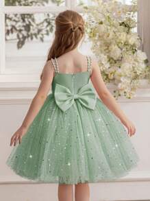 Young Girl Spaghetti Strap Bow Beaded Mesh Sequin Mint Green Elegant Party Dress, Princess Dress Suitable For Girls Birthday Party, Evening Gala, Wedding, Flower Girl, Holiday Celebration, All Season - Mint Green - View 3
