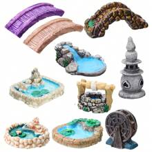 Conjunto de 10 piezas de decoración para un jardín de hadas de resina con diseño caprichoso - Incluye puente, estanque, faro, figuras de pozo de agua, versátil para manualidades y decoraciones de interior y exterior, estilo clásico - Multicolor - Ver 1