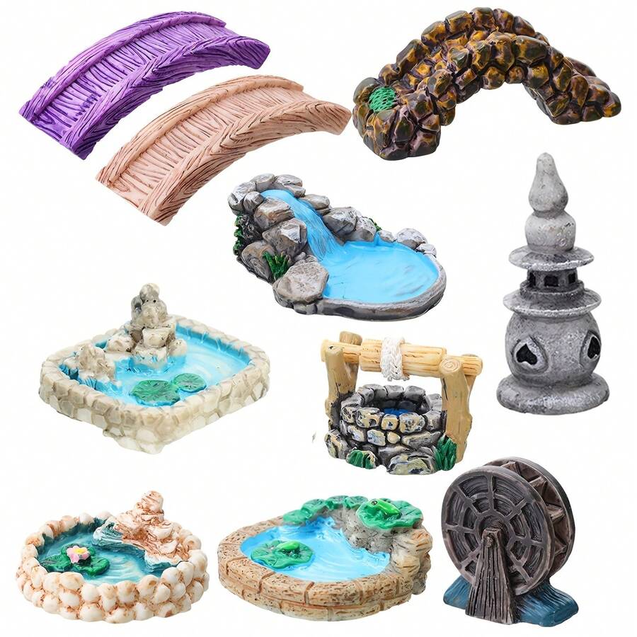Conjunto de 10 piezas de decoración para un jardín de hadas de resina con diseño caprichoso - Incluye puente, estanque, faro, figuras de pozo de agua, versátil para manualidades y decoraciones de interior y exterior, estilo clásico - Multicolor - Ver 1