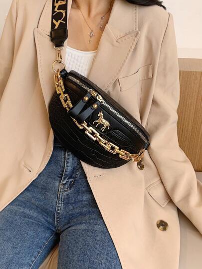 New Fashion Casual Women Bag, Acrylic Chain Integrated Waist Pack, Retro Versatile Crocodile Pattern Chest Pack