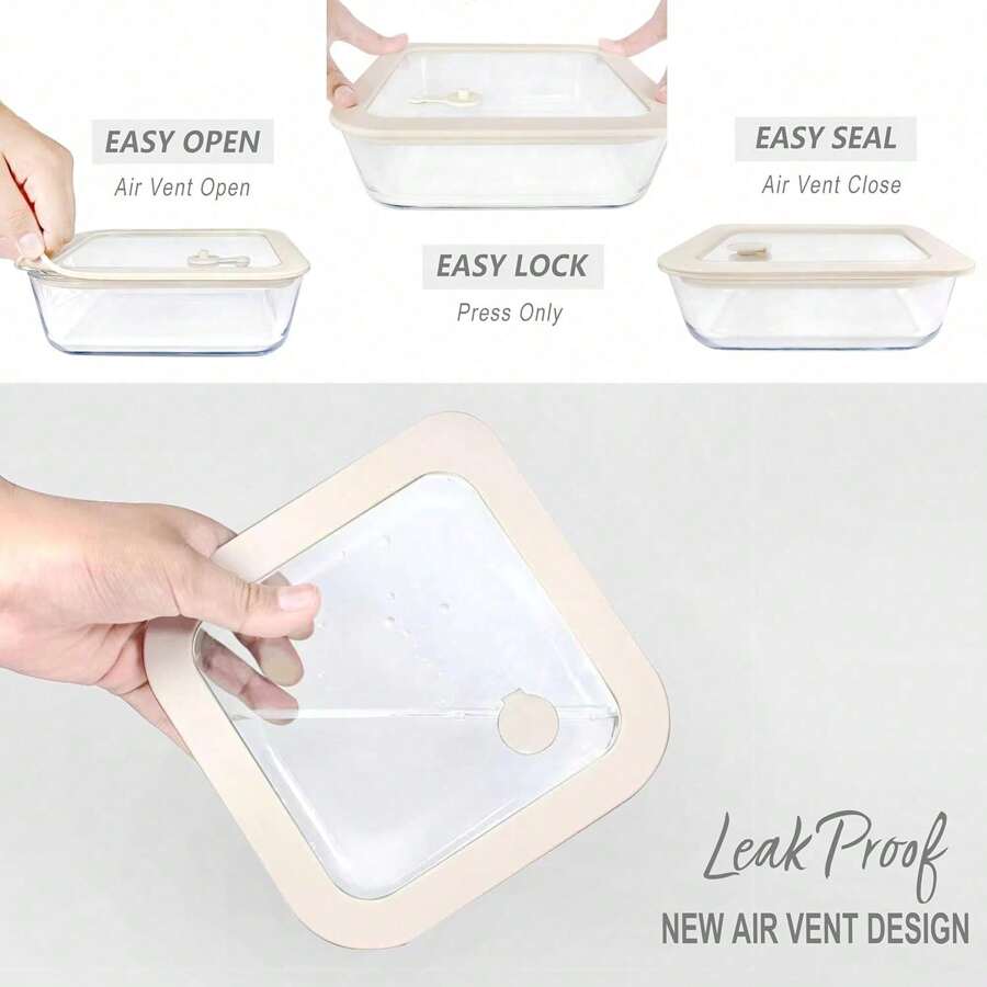 Glass Food Container Set With Glass Lid, Large Meal Prep Container Set, Airtight Food Storage Containers With Air Vent Lid, 2 Pack, Large, 87oz, LeakProof, 100% Plastic Free, White Color,