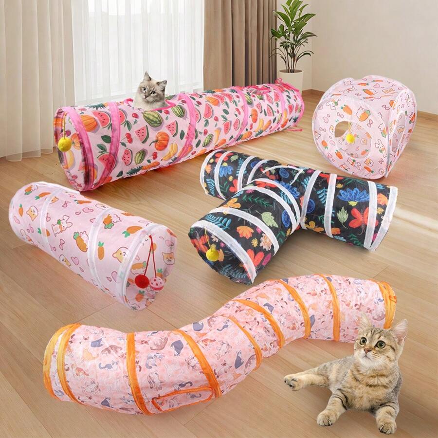 1pc Foldable Cat Tunnel Carrot Flower Fruit Printed Durable Cat Pass Play Tunnel Cat Toy For Cat Dog Interactive Play Tent Rabbits Guinea Pigs Indoor/Outdoor Pet Playhouse Puzzle Exercising Hiding Training Supply - Multicolor - View 1