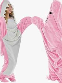 Cartoon Shark Slouchy Sleeping Bag Jumpsuit Pajamas Flannel Animal Home Blanket Jumpsuit Hooded Loose Fitting Nightgown