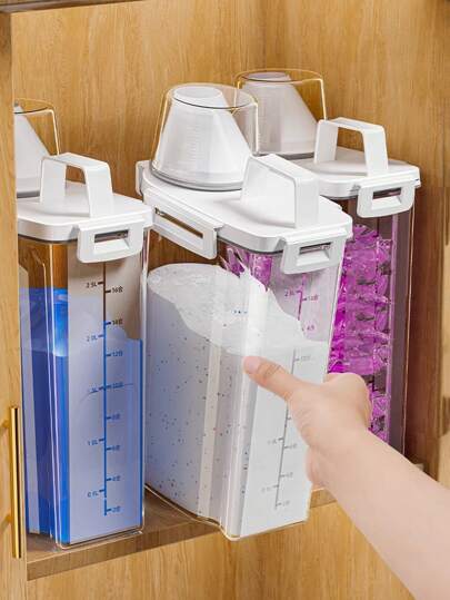 1 pieza Caja de almacenamiento de polvo de lavado de 1,75 L/2,5 L/3 L, cubo de plástico para jabón doméstico, recipiente para polvo de lavado enlatado, caja de almacenamiento dedicada, gran capacidad, Body de botella y tapa marcados con escalas, con asa, diseño con hebilla sellado y a prueba de fugas, material de PP grueso, cubo de lavandería, cubo de detergente de lavandería, cubo de polvo de lavandería