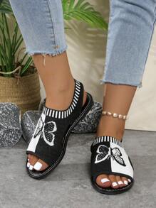 2025 New Women Plus Size Peep-Toe Roman Style Sandals, Net Fabric Knitted Embroidered Flat Sandals With Butterfly Embroidery, Fashion