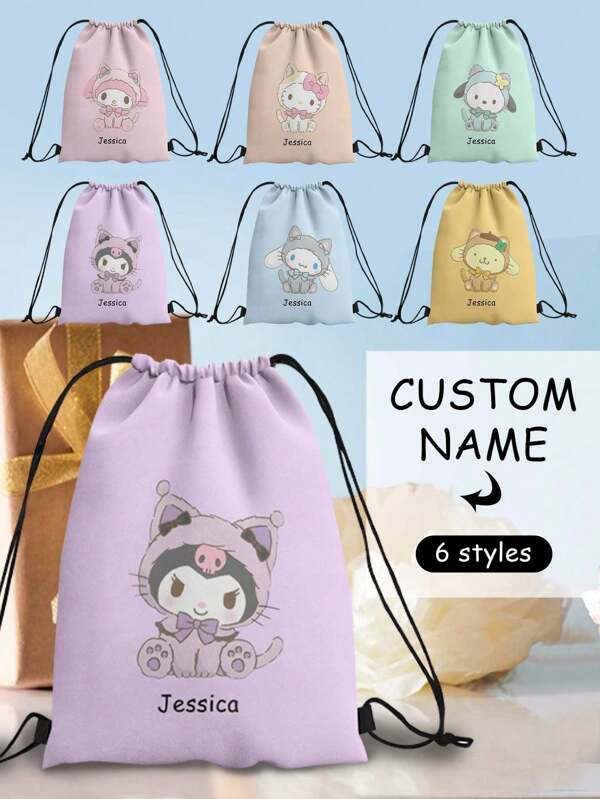Sanrio 1pc Personalized Sanrio Character Name Print Drawstring Backpack, Sanrio Drawstring Storage Pouch, Customizable Name For Sports Bag, Swimming Bag, Gym Bag, After School Club Bag,All-Purpose,Large Capacity,Versatile,Multifunction,Colorful,Cute,Adorable,Contracted,Funny,Kawaii,Y2K,Minimalist,Commuting,Business Casual,Basics,Custom,Personalized,Unique,Customized,Ideal Gifts For Him,Ideal Gifts For Her,Her,Family,Friends,Girlfriend,For Anniversaries,For Birthdays,For Holiday/ Vacation,For Outdoors/Outings/Travel/Hiking/Stadium/Sports/Climbing,For Business/Commute/Work/Office,Customized Storage Bags