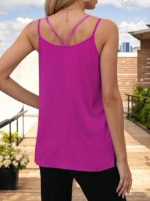 Blusa Basica Holgada con Tirantes Cruzados en la Espalda y Escote en V para Mujer - Rosa Fucsia - Ver 2