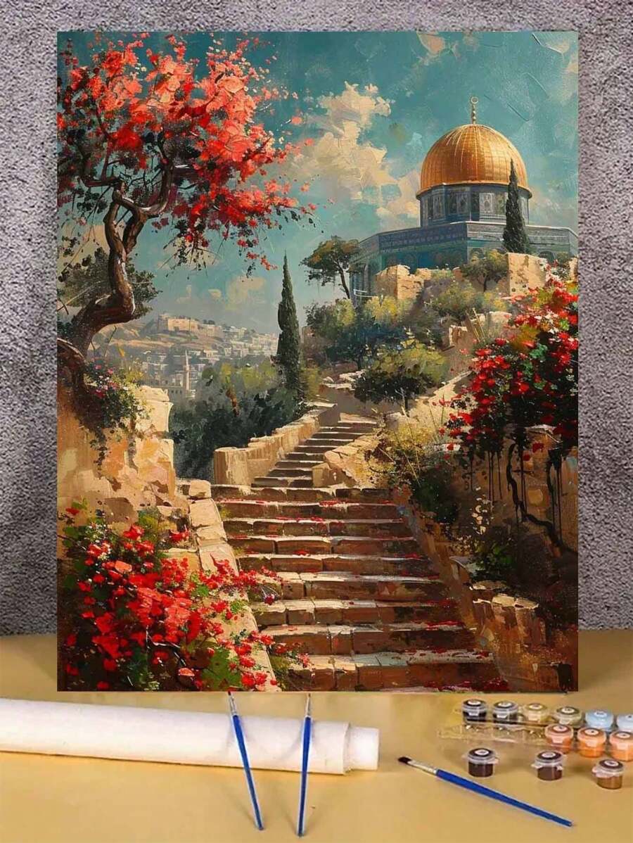 1 套山顶上的圆塔 DIY 数字油画套件，适用于卧室装饰和墙壁艺术的艺术油画套装，简单有趣的绘画方法，无需绘画基础，实现你的画家梦想，沉浸在色彩缤纷的世界中，每一笔都是自我表达，为生活增添浪漫主义，送给家人和朋友的最佳礼物，40*50 厘米 - 紅色 - 查看 1