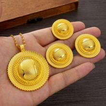 3-Piece Golden Color Jewelry Set: Round Bar Style Earrings, Ring, Necklace Combo, Women Gift For Gathering, Birthday Party