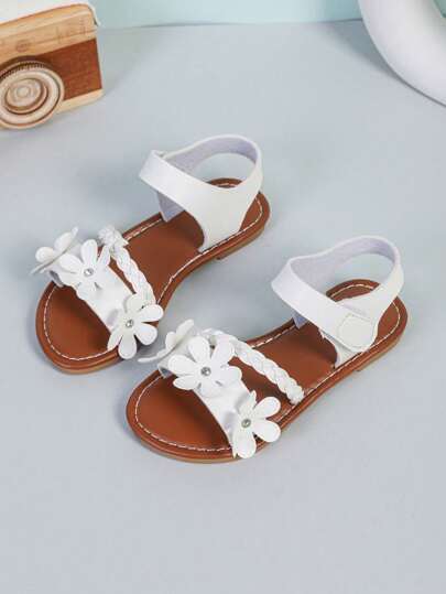 2025 New White Girls' 3D Flower Sandals, Woven Detail Open Toe Flat Shoes With Adjustable  Strap, Soft Non-Slip Sole Princess Sandals For Daily Wear & Party (3-12Y)