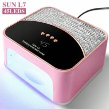 Nueva lámpara de uñas con adhesivo de diamante, lámpara de uñas profesional SUN L7 de 45 LED - Diseño cuadrado rosa con cristales incrustados, 4 ajustes de temporizador, curado rápido para esmalte de gel/UV, para salones y manicuras en casa - Rosa