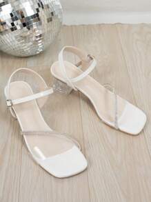 时尚优雅的透明水晶高跟凉鞋，方头设计让腿看起来更长，粗跟，适合派对、婚礼、约会 - 白色 - 查看 2