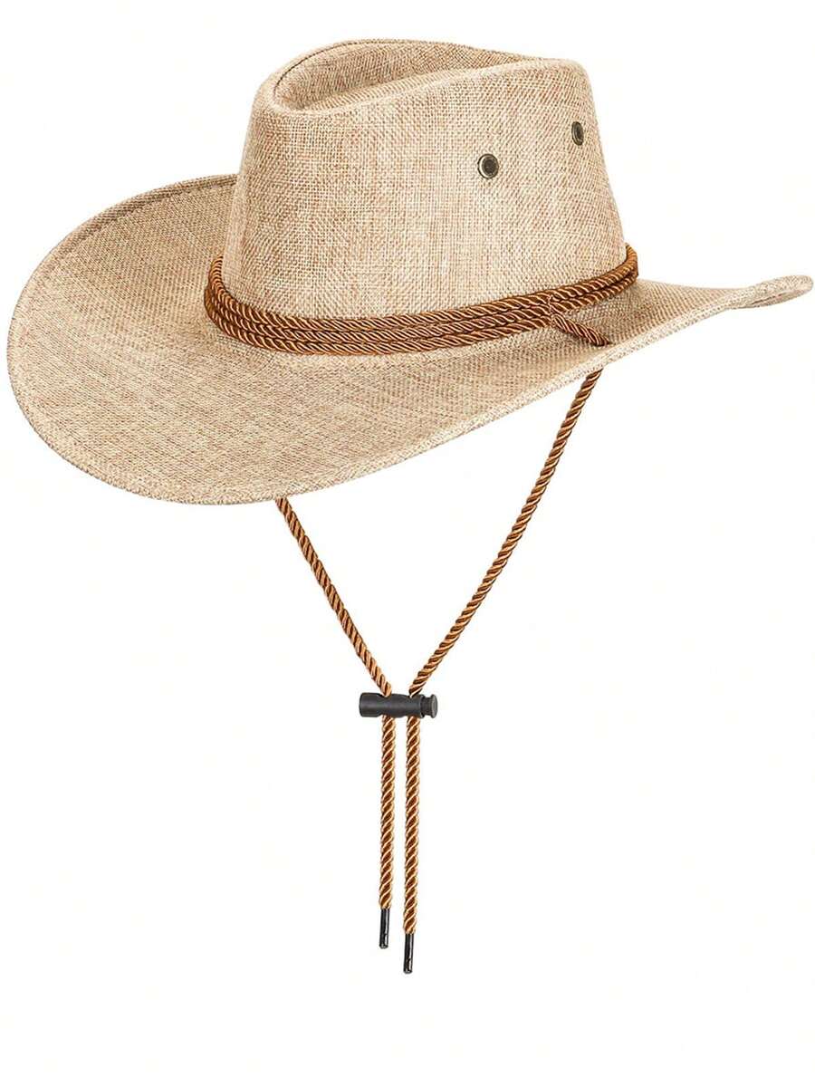 Western Style Classic Cowboy Linen Hat Wide Brim Twisted Rope Design Cowgirl Hat With Adjustable Chin Strap