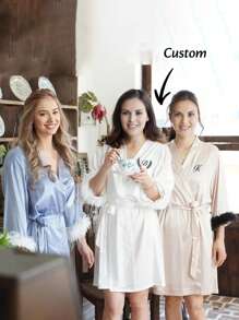 1pc Feather Bridal Robe, Wedding Party Robe, Bride Sleepwear, Embroidered Letter Satin Robe, Customized, Bridesmaid Gift, Home & Bathroom Decor