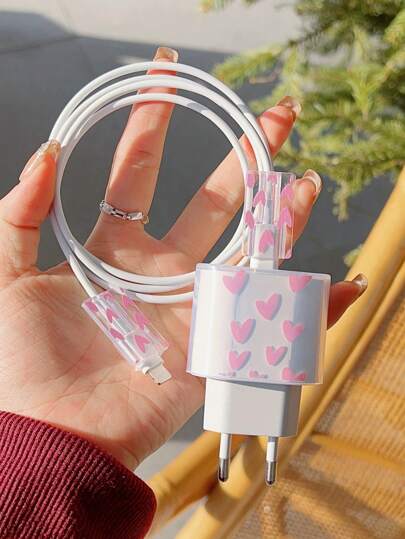 Purple Heart Shape Charging Adapter Protector Case Compatible With IPhone 13/14/15/16 Pro Max, European Plug 14 Pro Max 20W Fast Charger Adapter & Cable Protective Cover Cable Protector, Charger Protector