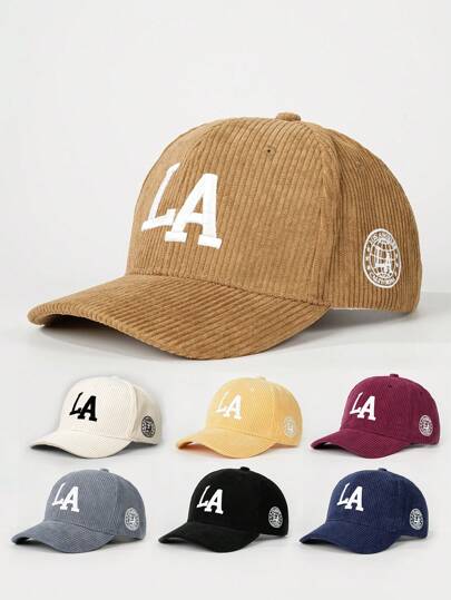 1pc Embroidered LA Corduroy Adjustable Baseball Cap, Casual Sun Protection Hat Suitable For Spring, Autumn, Travel, Beach, Men, Y2K Style