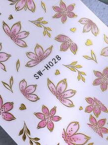 Gold Pink Hibiscus Flower 3D Nail Stickers 2pcs Gradient Cherry Blossom Floral Petals Lines DIY Bronzing Holographic Self-Adhesive Decals Sliders Nail Art Decoration Salon Manicure Nail Supplies