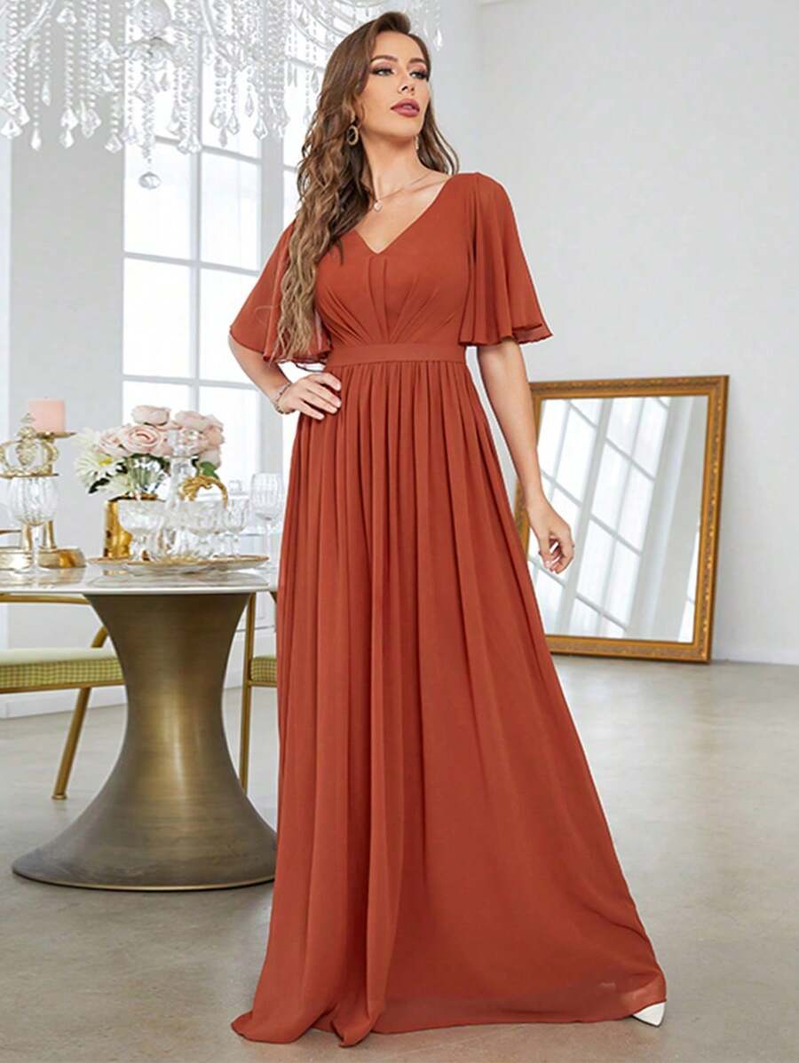 V-Neck Flare Short Sleeve Pleated Chiffon Bridesmaid Maxi Dress - Burnt Orange - View 1