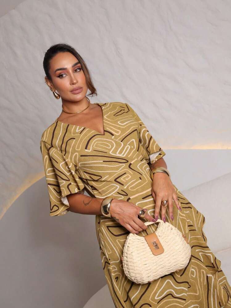 Printed Wrap Dress With Tie - Màu Mù tạt vàng - Xem 3