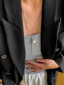 1pc Adjustable Y-Shaped Silver Necklace With Bright White Faux Pearl And Stainless Steel Snake Chain Pendant For Women