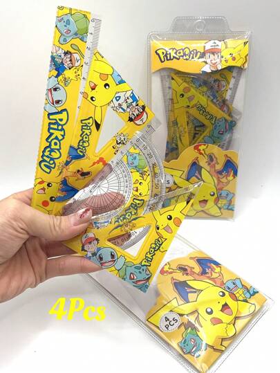 1Set Pikachu Creative Ruler Sets Study Stationery Rulers Triangle Protractor Office School Supplies Party Gift,School Supplies,Back To School