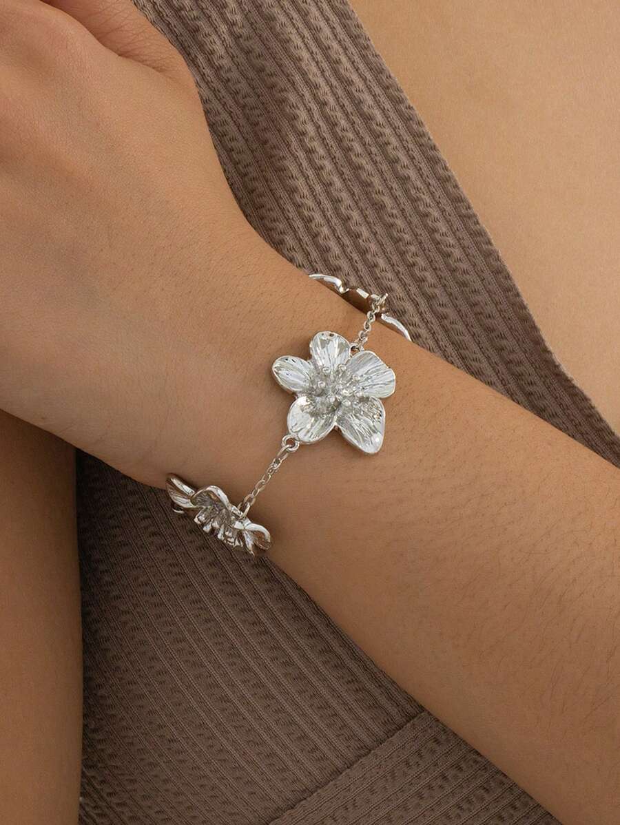 1 Chiếc Vòng Tay Quyến Rũ Thiết Kế Hoa Phóng Đại Màu Bạc Thanh Lịch Cho Phụ Nữ, Quà Tặng Đám Cưới - Bạc - Xem 1