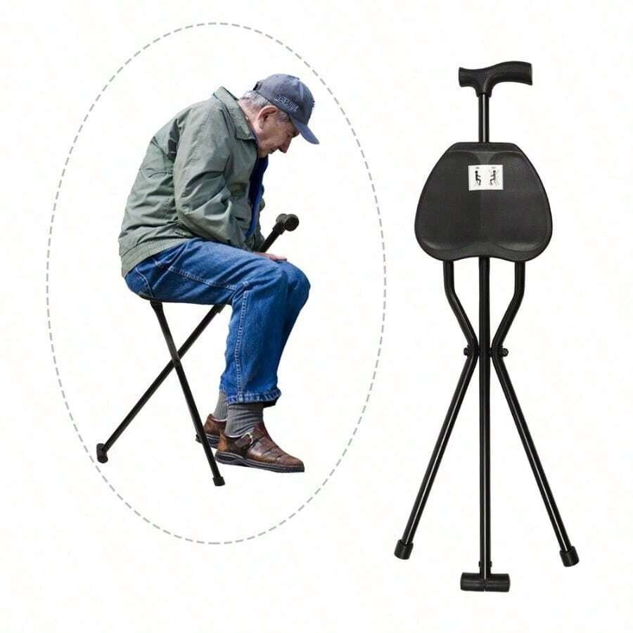 Folding Cane Chair Non-Slip Walking Stick Tripod Portable Seat Stool Elderly Aid - black colour - View 1