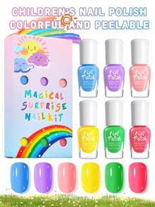6 件/套 4 毫升儿童趣味指甲油套装，涂鸦彩色指甲艺术无味凝胶抛光底漆和面漆多色组合带闪光，适合儿童美甲沙龙、DIY 家庭使用、节日派对、生日、学校、礼物