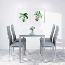 Dining Table And Chairs, Kitchen Glass Rectangle Table With Set Of 4 High Back PU Leather Chairs,Dining Room Set Furniture - Grey - View 5