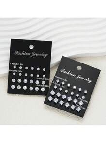 Lot de 48 boucles d'oreilles à tige géométriques rondes et carrées en zircone cubique brillante, style punk hip-hop simple, grand ensemble, convient pour les fêtes, les festivals, les rendez-vous, les cadeaux et le port quotidien