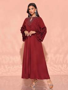 Solessence 手工制作的3D花卉装饰优雅阿拉伯风格女士连衣裙，端庄大方 - 酒紅色 - 查看 8