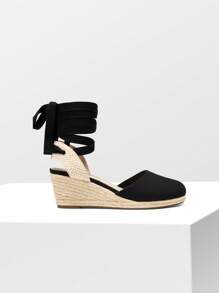 Women's Platform Espadrilles, Closed Toe Wedge Sandals With Elastic Ankle Strap - Black - View 6