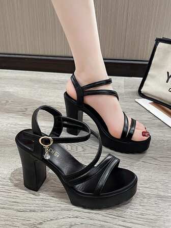 厚底粗跟凉鞋 新款高跟凉鞋 女式夏季时尚潮流系带厚底高跟凉鞋