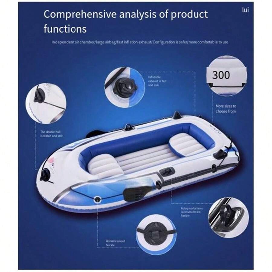 Inflatable Boat Kayak (With Hand Pump) 2/3/4 Person Fishing Boat Thickened PVC Outdoor Portable Folding Boat Multiple Size Options To Meet Different Needs 2/3/4 People Portable Folding, Easy To Store Fast Inflation, Saving Time And Effort Multifunctional Design, Various Ways To Play - Blue and White - View 1