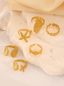 Juego de 6 anillos con diseño de acero inoxidable de la serie oceánica con estrellas de mar, coral y conchas, un diseño versátil y creativo para que las mujeres los usen a diario, adecuado para el verano - Amarillo Oro - Ver 5