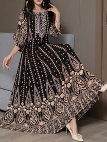 Đầm thêu phong cách Bohemian, đầm dài dáng rộng thoải mái kiểu vintage, thích hợp cho kỳ nghỉ hè, đi biển, màu đen. - màu đen - Xem 4