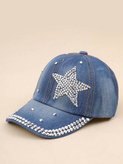 1pc Children's Denim Rhinestone Star Embellished Baseball Cap, Casual Summer Holiday Sun Visor Hat, Great For Outdoor Camping