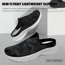 女士透气网眼穆勒鞋运动鞋露背一脚蹬鞋，女士网眼穆勒鞋一脚蹬鞋露背运动鞋针织平底防滑步行鞋 - 黑色 - 查看 1