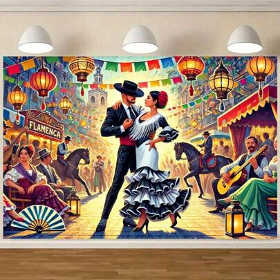 Cenário vibrante de festival de dança tradicional espanhola - decoração de parede versátil para sala de estar, quarto, escritório e festas ao ar livre - poliéster, sem necessidade de energia