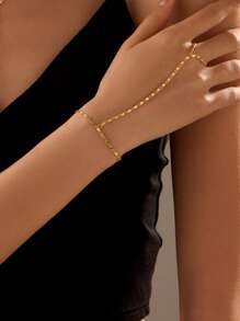 1 pieza Brazalete de mitones con cadena dorada simple, brazalete de mitones con cadena con flor y strass, moda para el verano, la playa y las vacaciones, regalo perfecto para uso diario, cumpleaños y fiestas