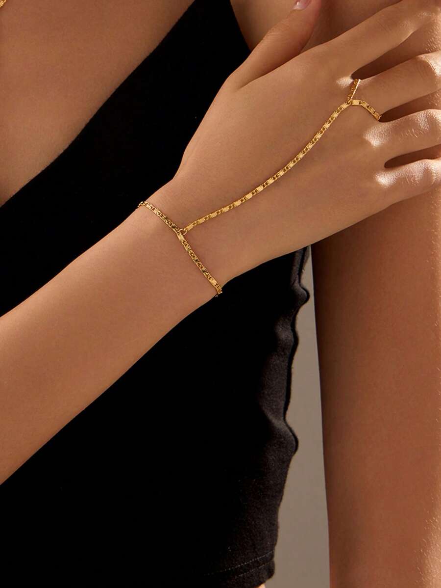 1 pieza Brazalete de mitones con cadena dorada simple, brazalete de mitones con cadena con flor y strass, moda para el verano, la playa y las vacaciones, regalo perfecto para uso diario, cumpleaños y fiestas