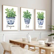 三件套水彩植物印花画，蓝白陶瓷花瓶 - 罗勒、牛至、马郁兰主题 | 餐厅和厨房的完美墙面装饰 | 无框帆布艺术画 | 理想的礼物和节日装饰品，适合生日、毕业典礼、厨房装饰 - 3pcs - 查看 7