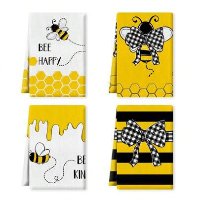 2/4 件蜜蜂快乐图案厨房毛巾，春夏季家居装饰，可重复使用的清洁布，适合烹饪、烘焙和乔迁，装饰茶巾，16 英寸 X 24 英寸