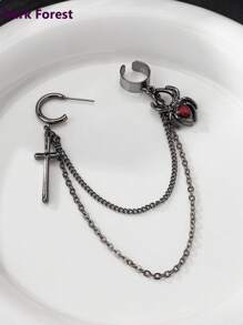 1pc Gothic Style Cross & Spider Metal Pendant With Red Glass Decor, Fashion Charm Earrings - Spider Cross Ear Hook - View 3